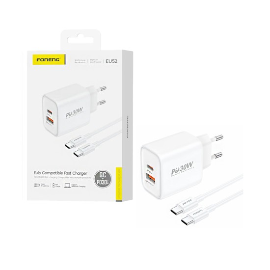 Foneng Charger EU52 2 Ports USB+Tipo-C PD 30W with Type-C to Type-C Cable White